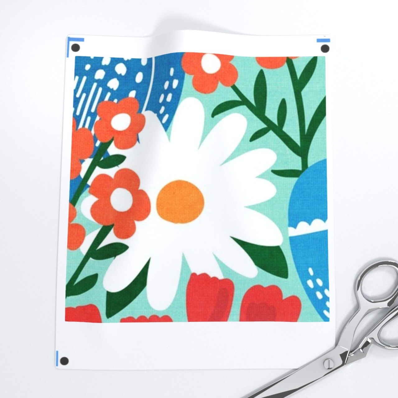 Retro Scandi Floral Botanical Birds Colorful Tulips Daisies Folk Art Scandinavian Midcentury Modern Mcm Blue Red Pink Large Scale Bold Faux Custom Printed Fabric by Spoonflower Various Fabrics by the Yard or Fat Quarter